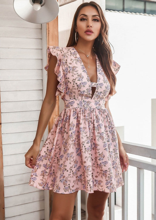 Plunge Ruffle Sleeve Dress
