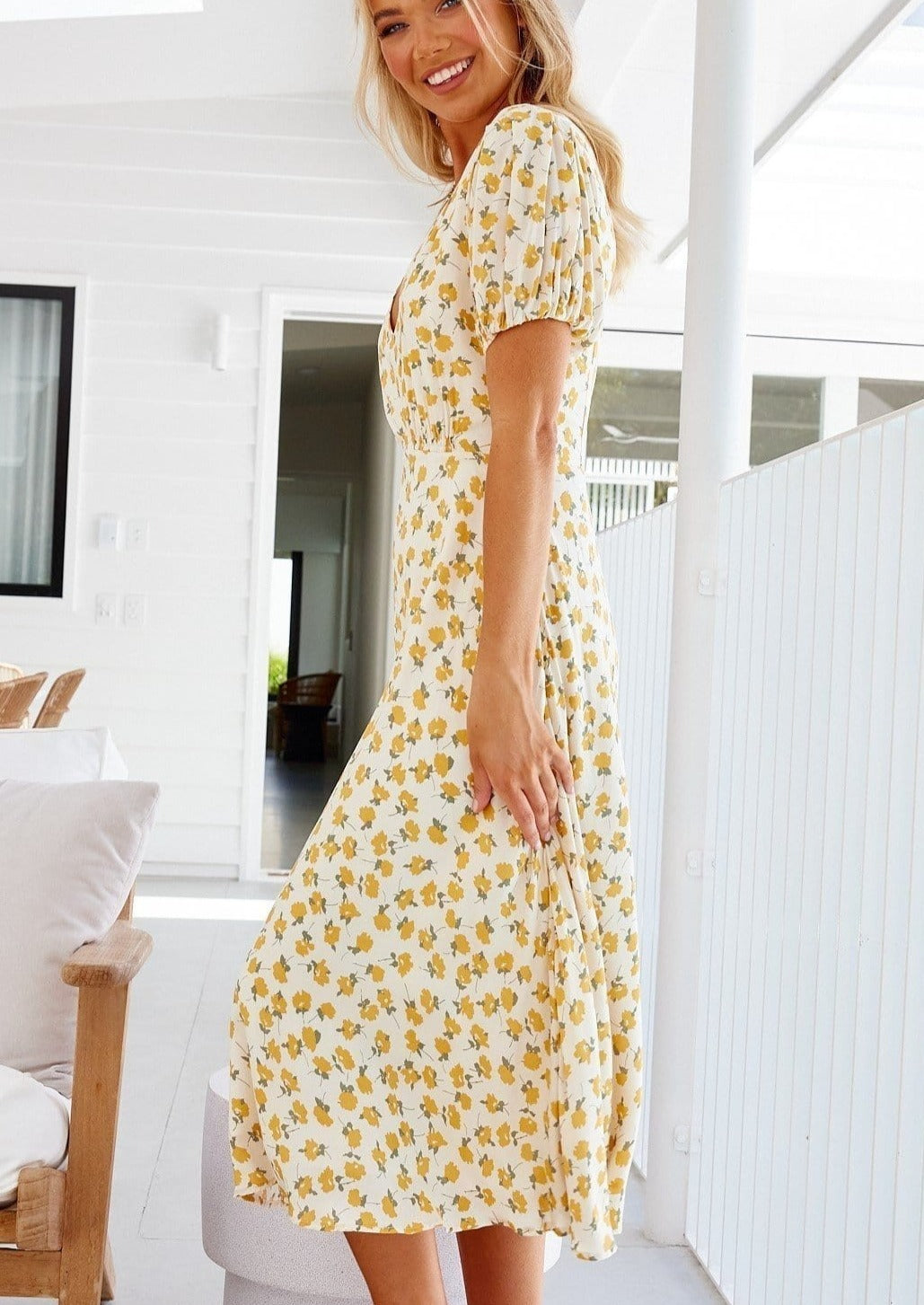 V Floral Midi Dress