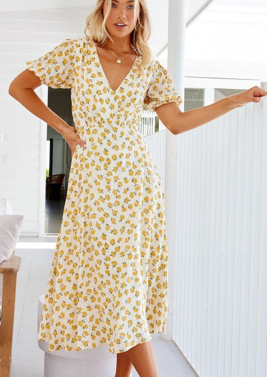 V Floral Midi Dress