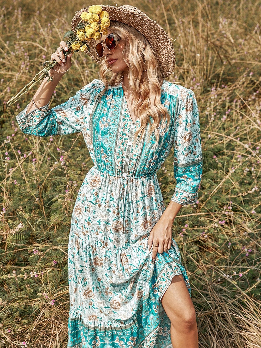 V Neck Multicolor Boho Dress