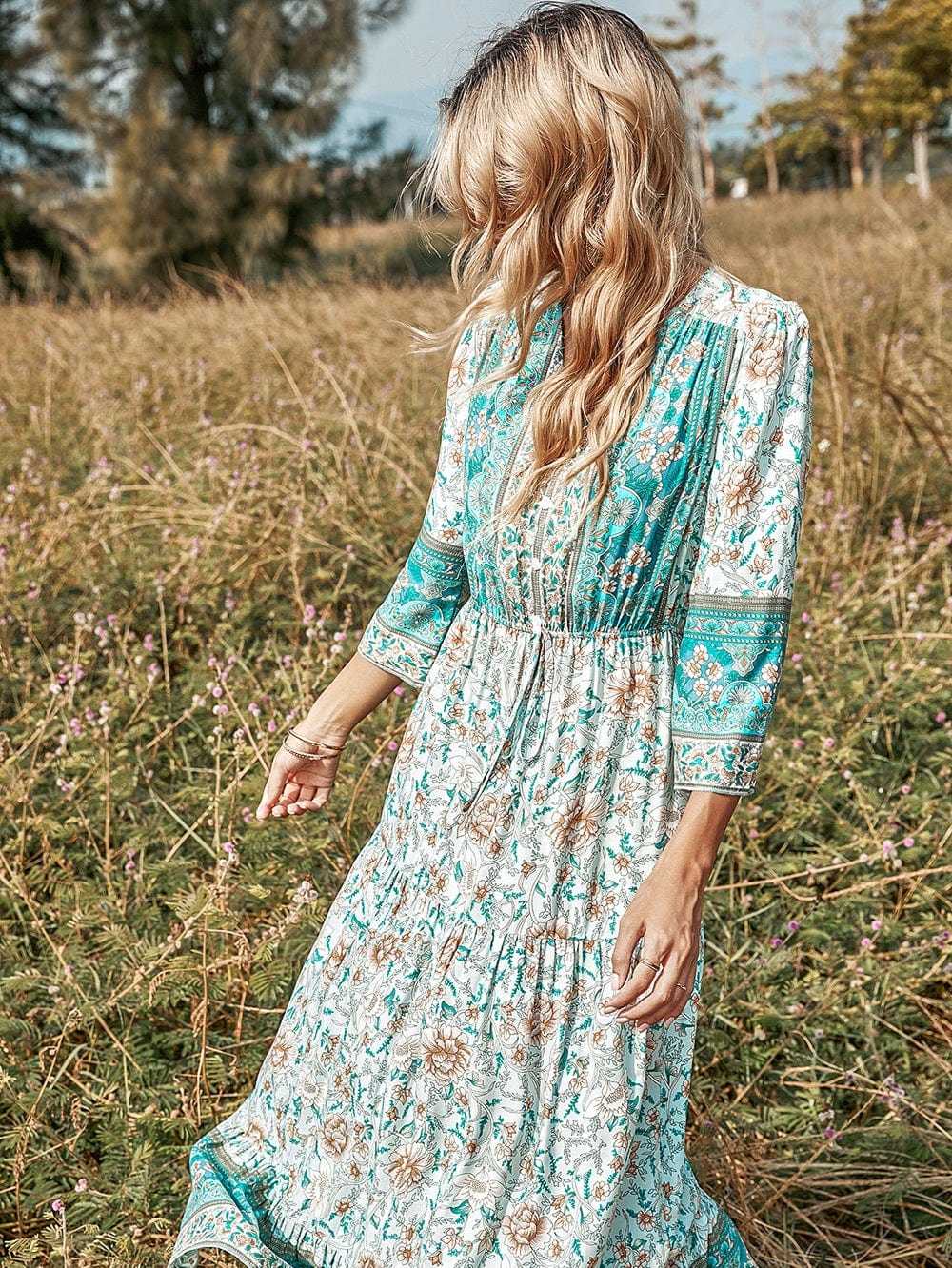V Neck Multicolor Boho Dress