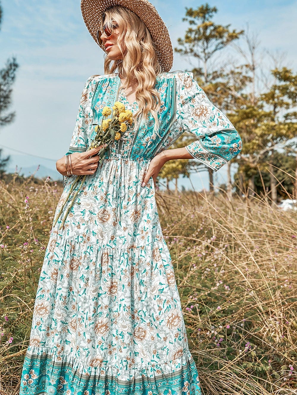 V Neck Multicolor Boho Dress