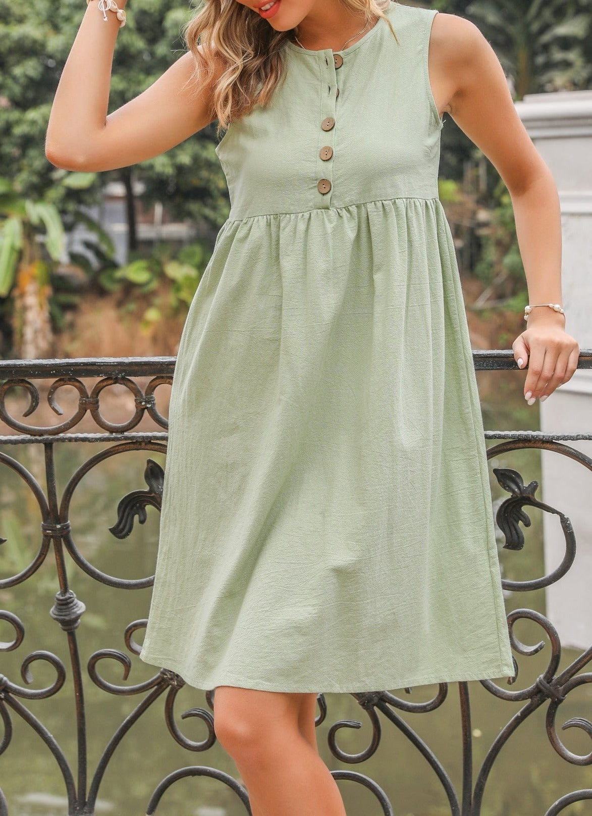 Empire Gathered Button Dress