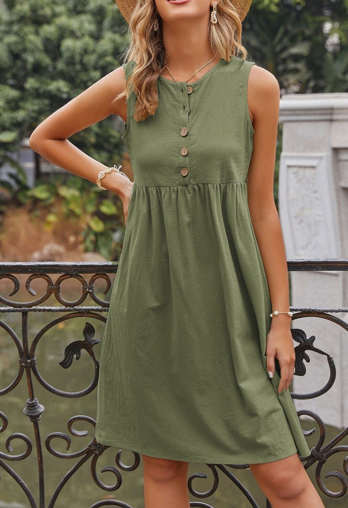 Empire Gathered Button Dress