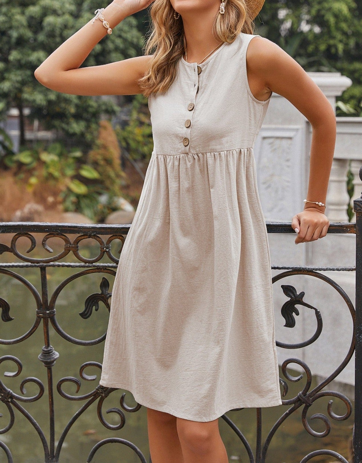 Empire Gathered Button Dress