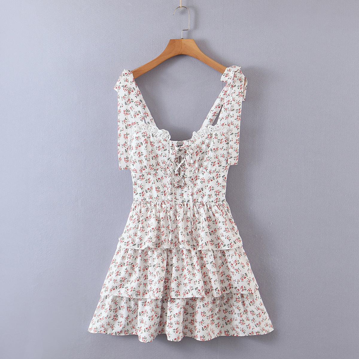 Floral Tying Lace Up Ruffled Dress