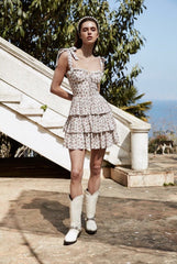 Floral Tying Lace Up Ruffled Dress