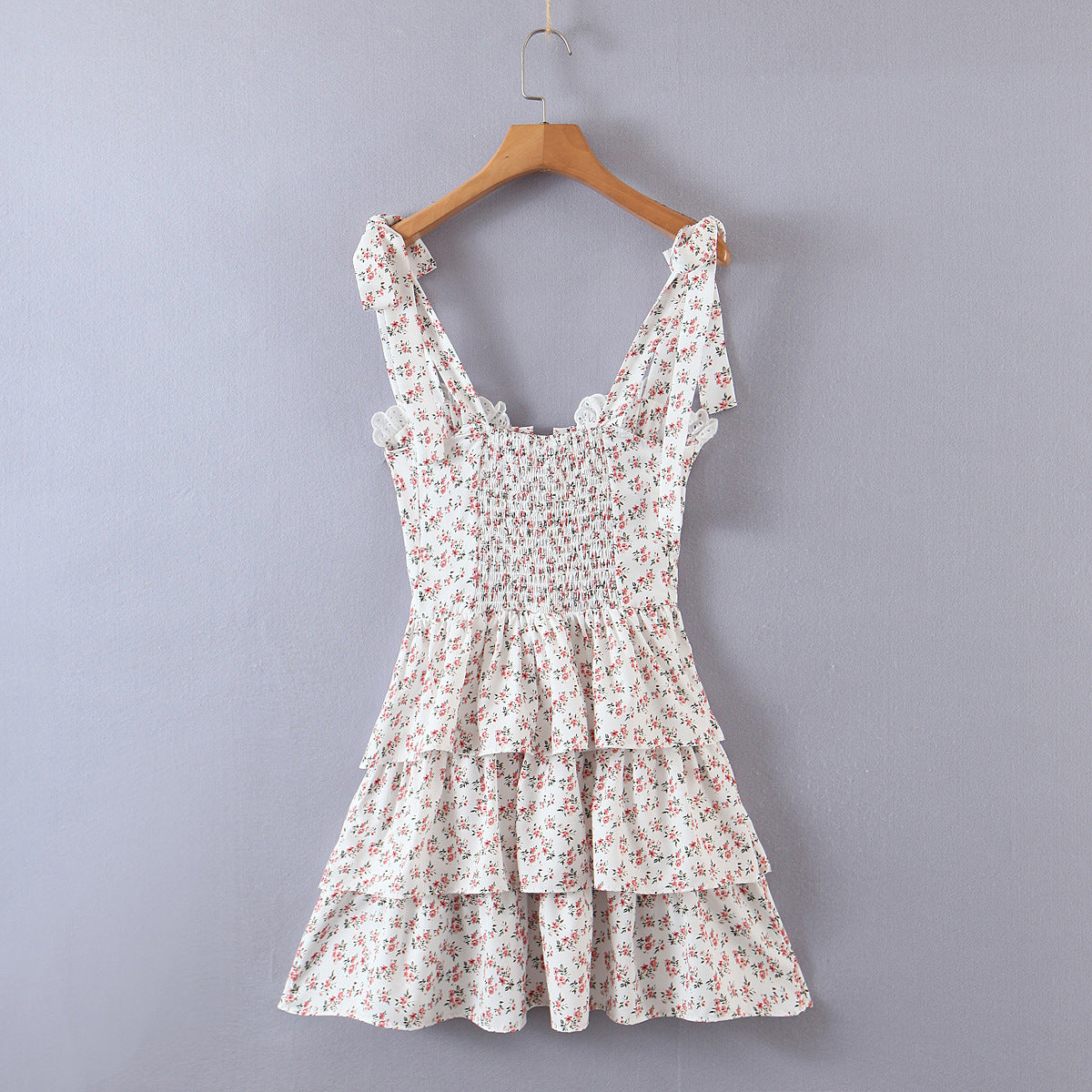 Floral Tying Lace Up Ruffled Dress