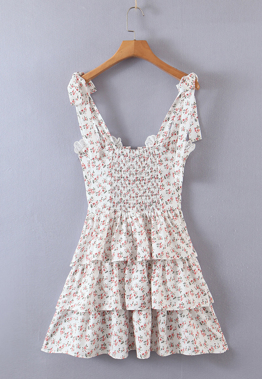 Floral Tying Lace Up Ruffled Dress