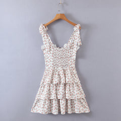 Floral Tying Lace Up Ruffled Dress