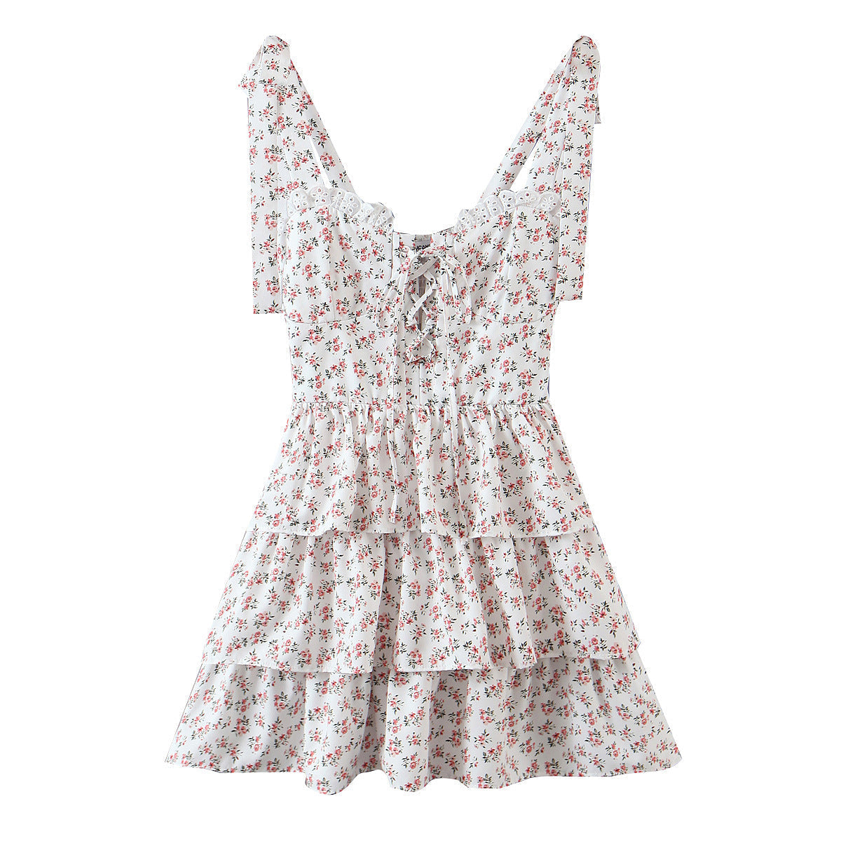 Floral Tying Lace Up Ruffled Dress