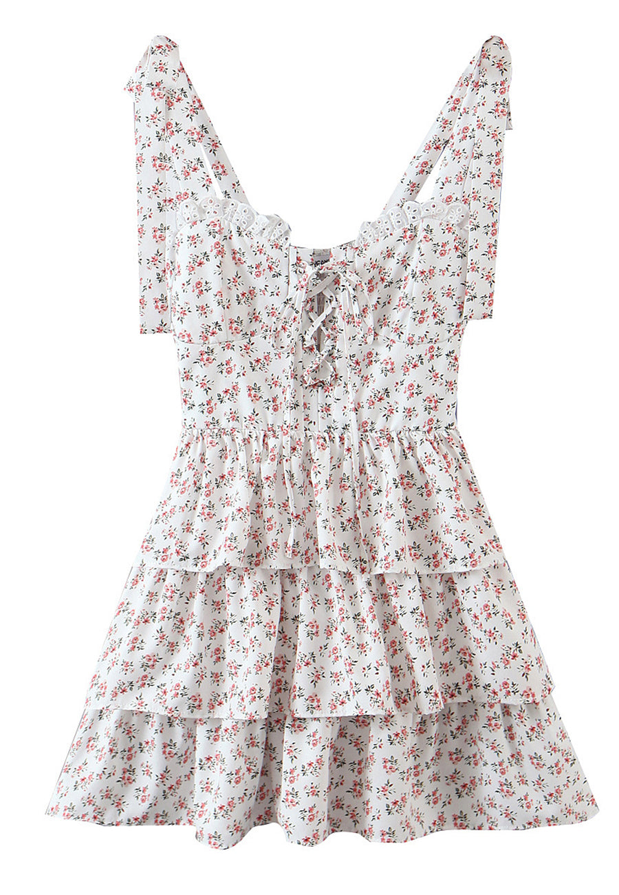 Floral Tying Lace Up Ruffled Dress