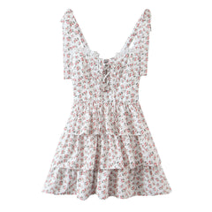 Floral Tying Lace Up Ruffled Dress
