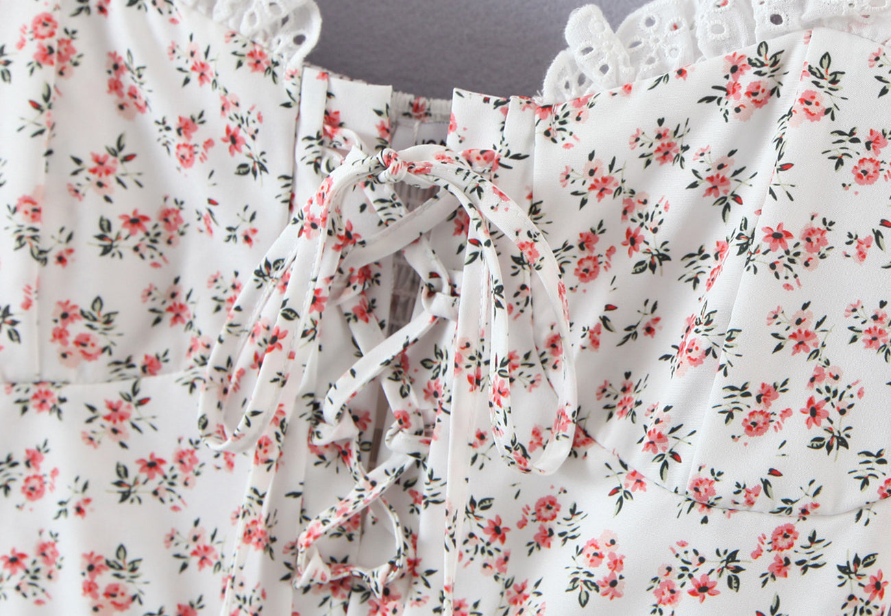 Floral Tying Lace Up Ruffled Dress