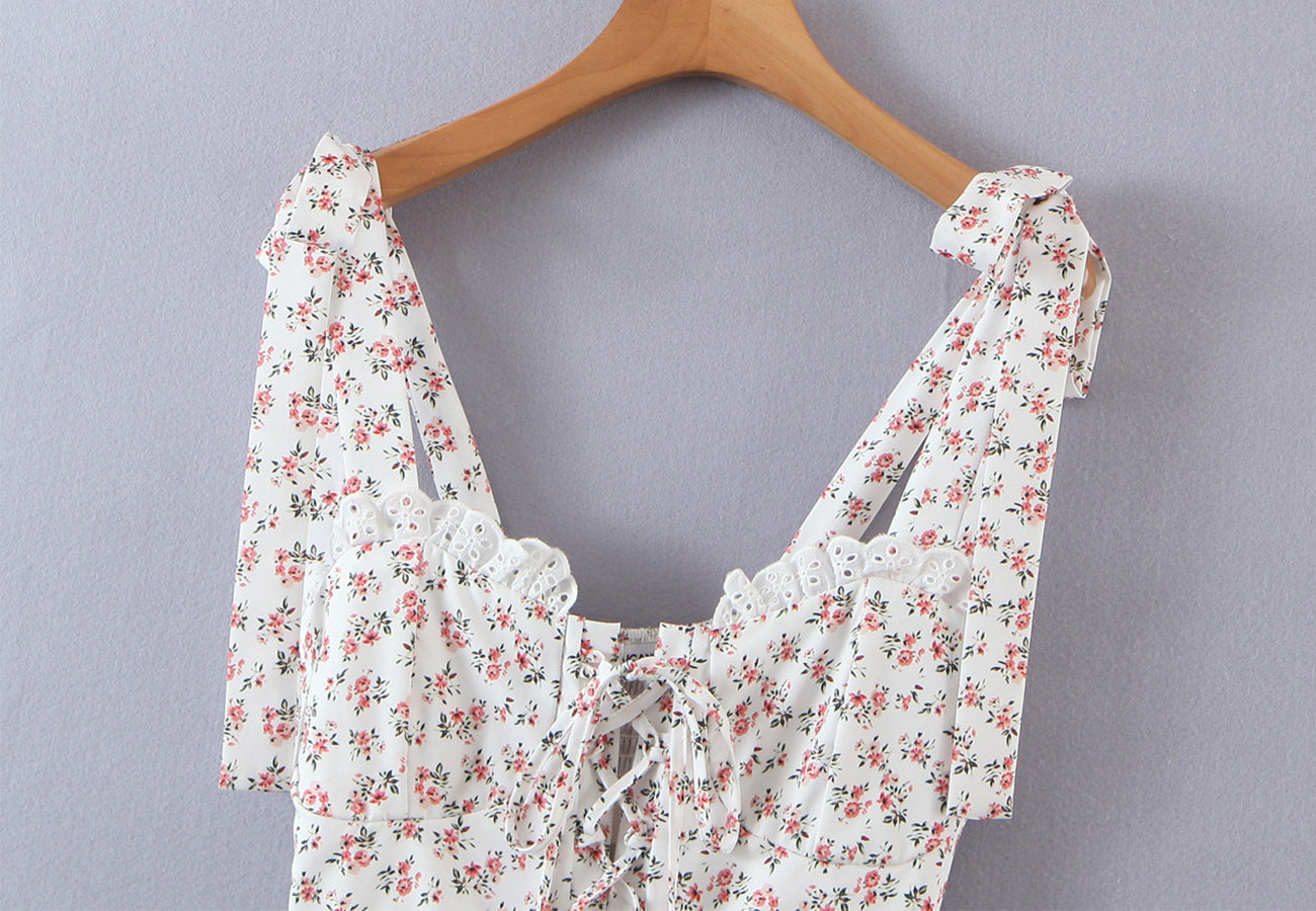 Floral Tying Lace Up Ruffled Dress