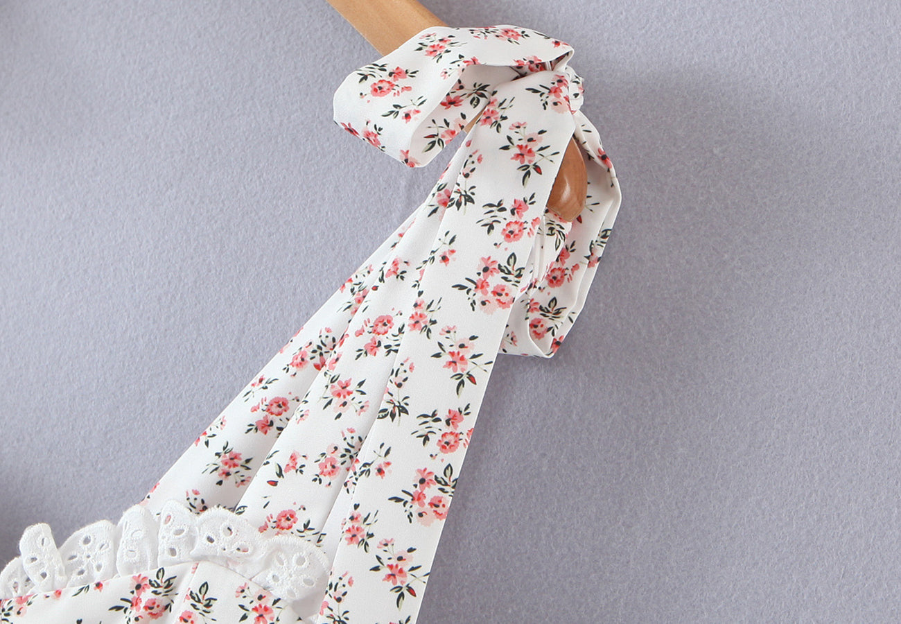 Floral Tying Lace Up Ruffled Dress