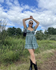 Gingham Puff Open Back Mini Dress