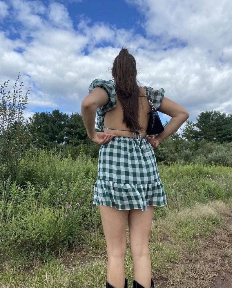 Gingham Puff Open Back Mini Dress