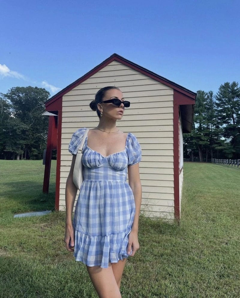 Gingham Puff Open Back Mini Dress