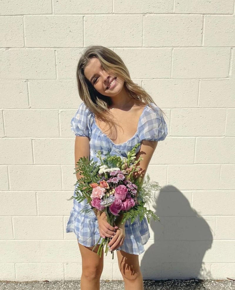 Gingham Puff Open Back Mini Dress