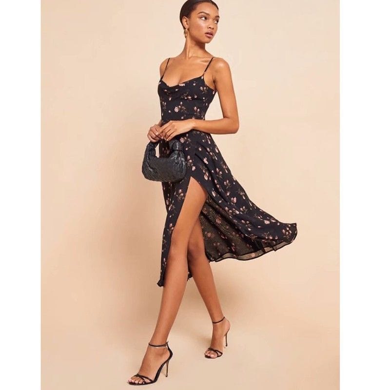 Floral Scoop Cowl Neck Leg Midi Dress