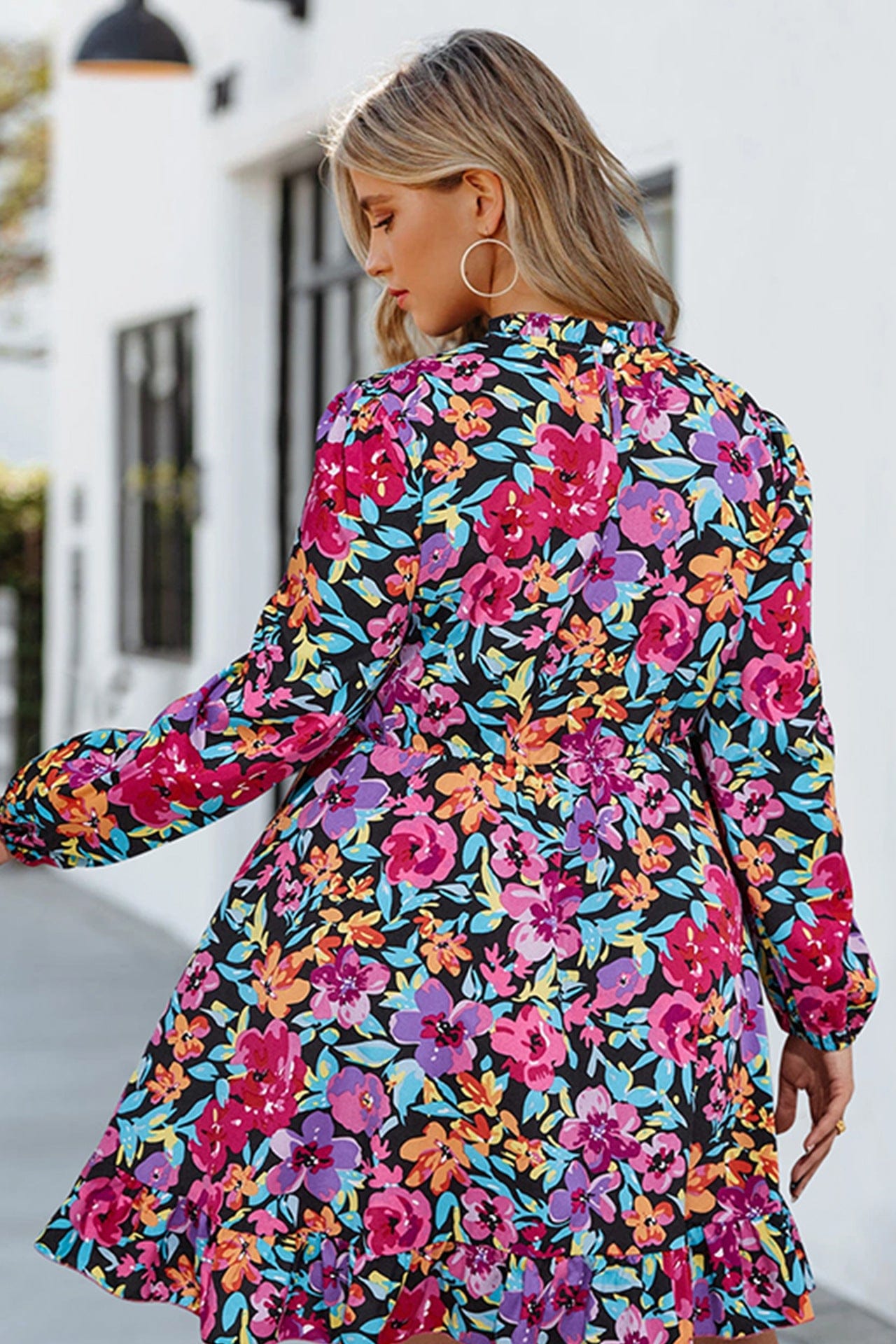 Floral Ruffle Neck Dress