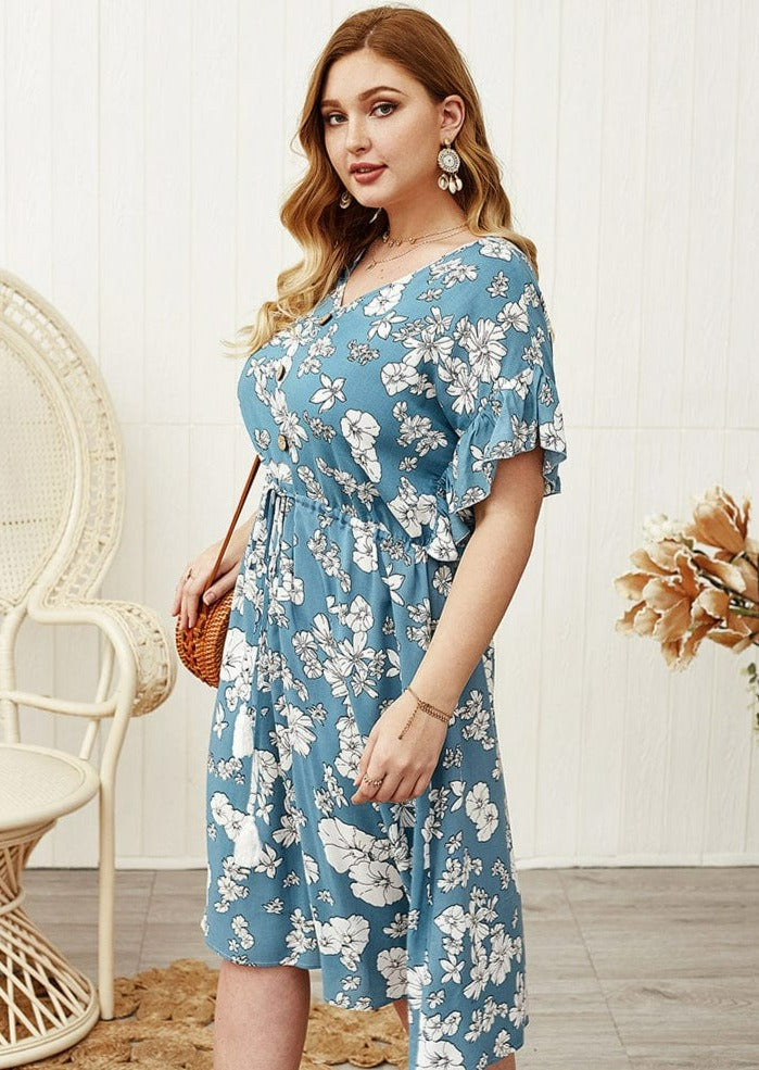 Plus Sleeve Drawstring Waist Dress