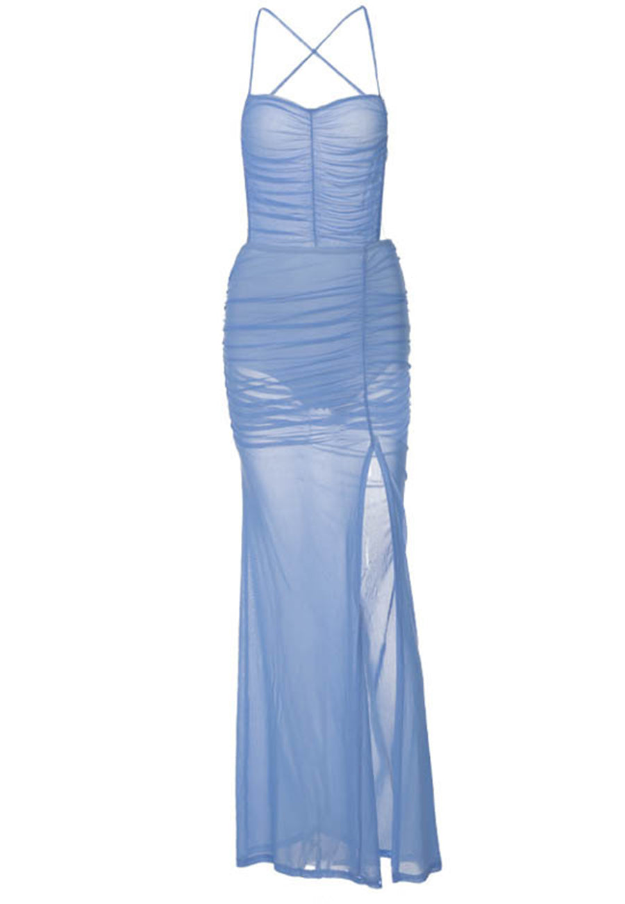 Halter Mesh Open Ruched Leg Slit Maxi Dress