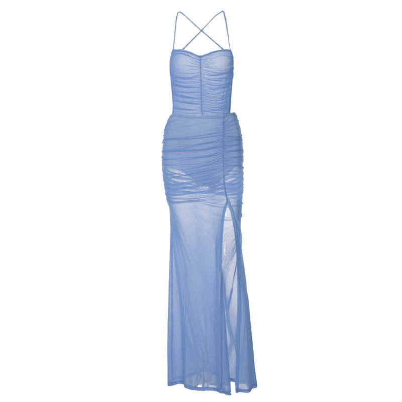Halter Mesh Open Ruched Leg Slit Maxi Dress