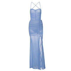 Halter Mesh Open Ruched Leg Slit Maxi Dress
