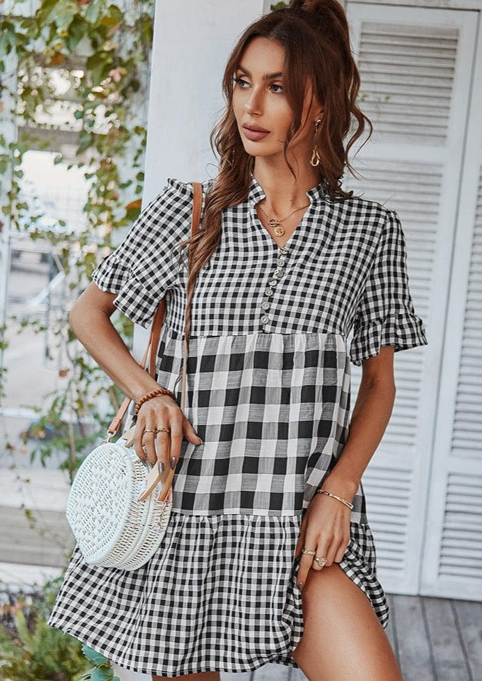 Mixed Checker Soft Ruffle Dress