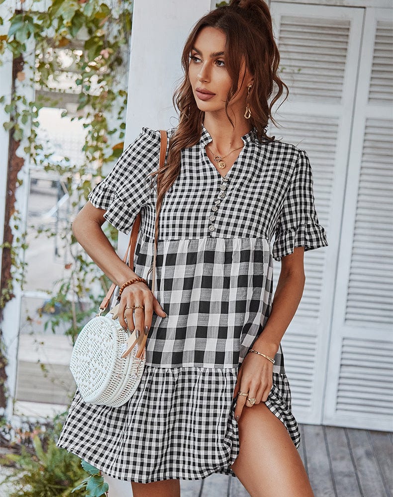 Mixed Checker Soft Ruffle Dress