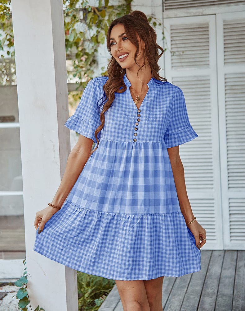 Mixed Checker Soft Ruffle Dress