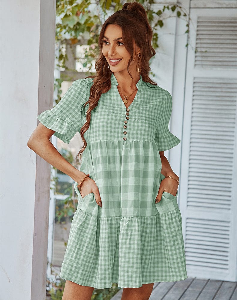Mixed Checker Soft Ruffle Dress