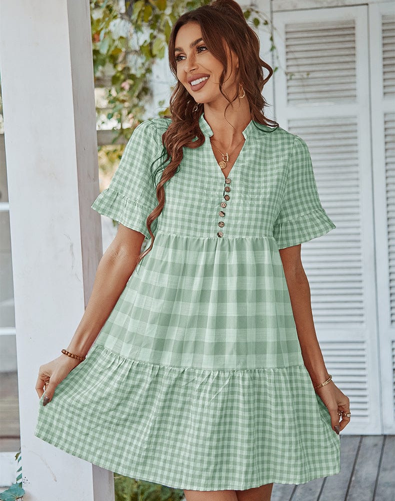 Mixed Checker Soft Ruffle Dress