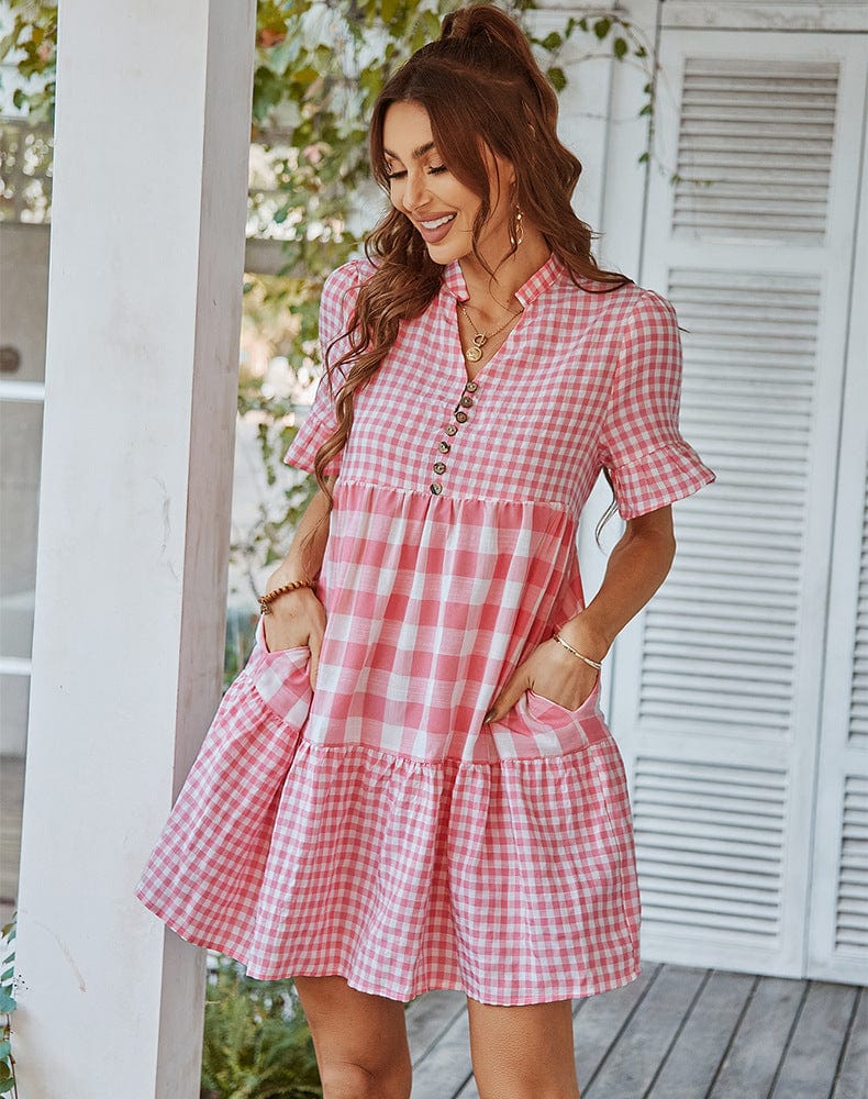 Mixed Checker Soft Ruffle Dress