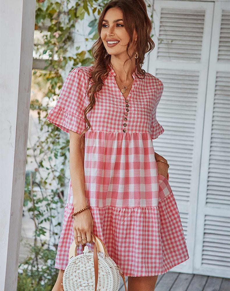 Mixed Checker Soft Ruffle Dress