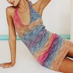 Crochet Rainbow Ombre Halter Mini Dress