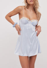 Pleated Underwire Floral Baby Blue Back Slip Dress