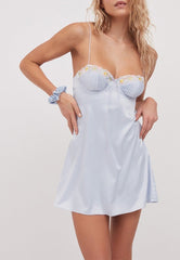 Pleated Underwire Floral Baby Blue Back Slip Dress
