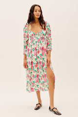Floral Ruched Sleeve Leg Slit Midi Dress