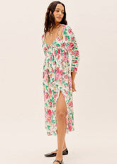 Floral Ruched Sleeve Leg Slit Midi Dress
