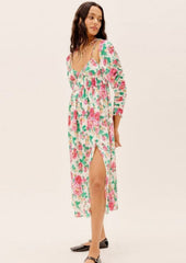 Floral Ruched Sleeve Leg Slit Midi Dress