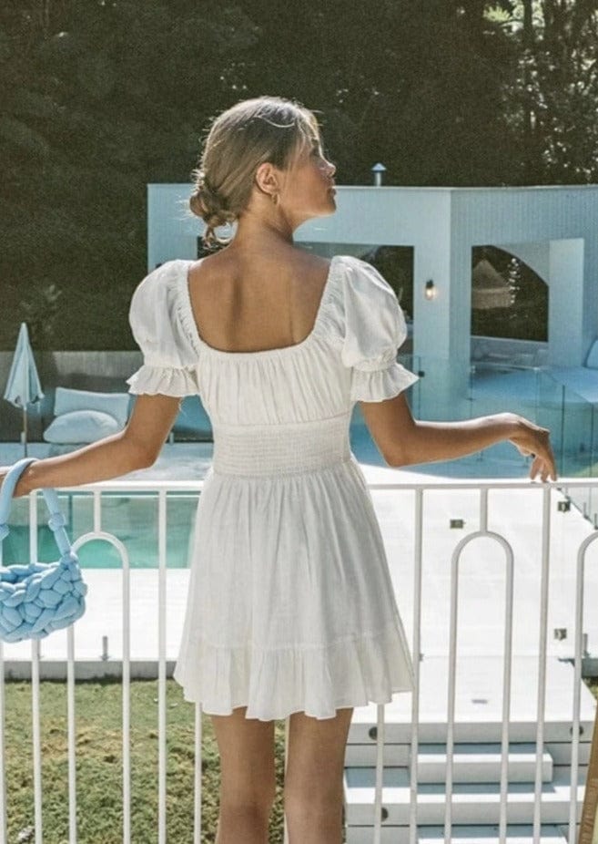 Puff Sleeve Cut Out Ruched Peasant Mini Dress