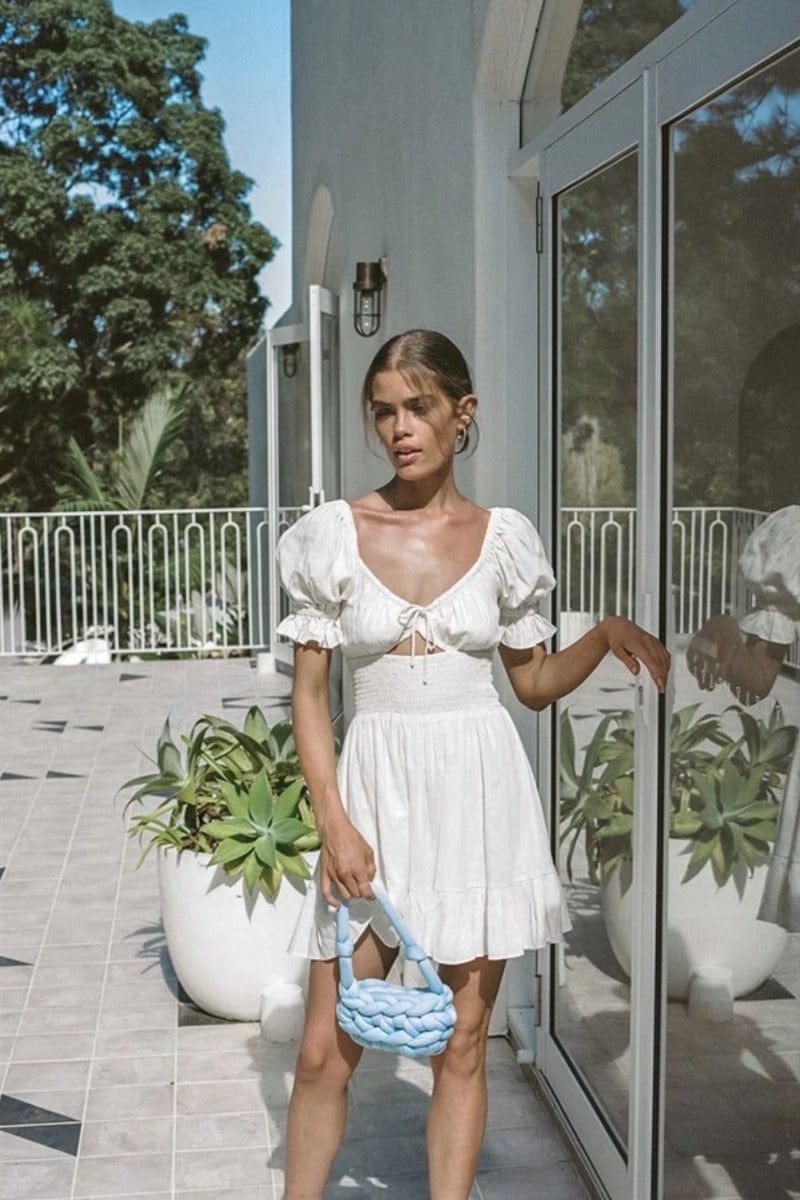 Puff Sleeve Cut Out Ruched Peasant Mini Dress