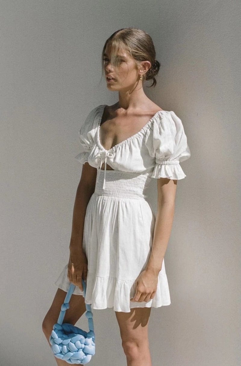 Puff Sleeve Cut Out Ruched Peasant Mini Dress