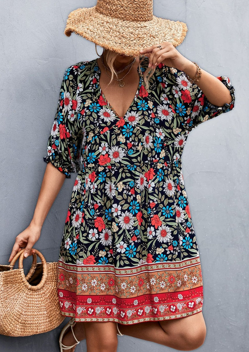 Neck Puff Sleeve Dress