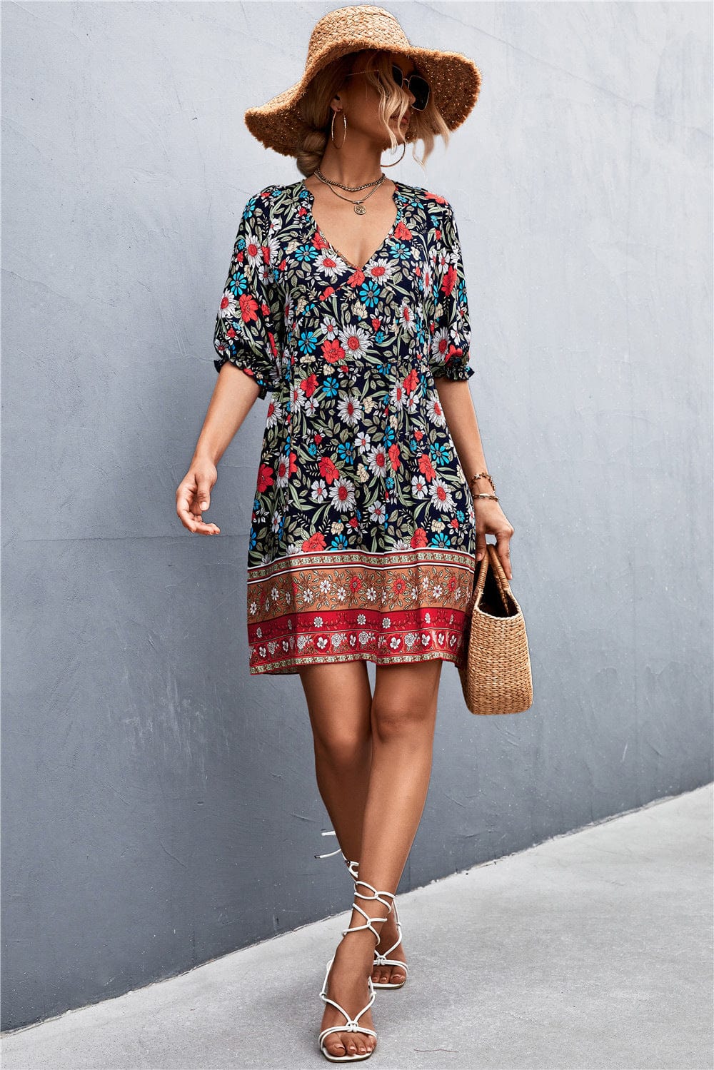 Neck Puff Sleeve Dress