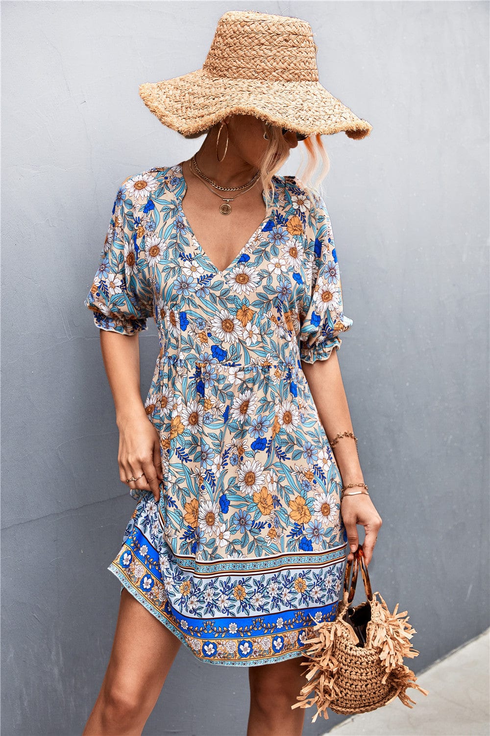 Neck Puff Sleeve Dress