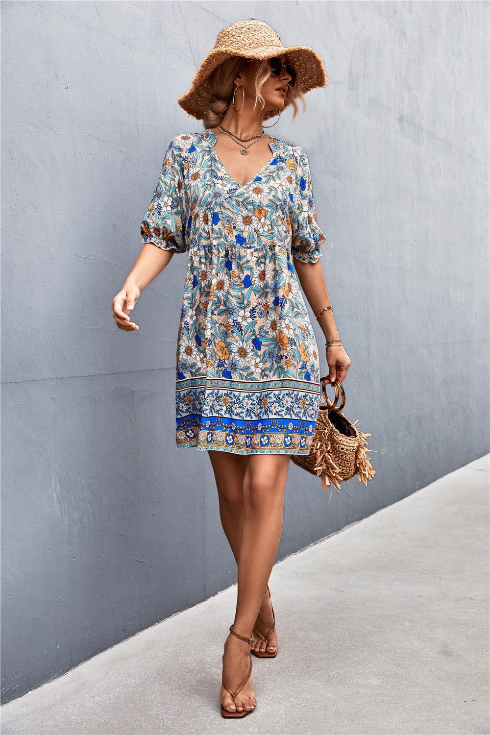 Neck Puff Sleeve Dress